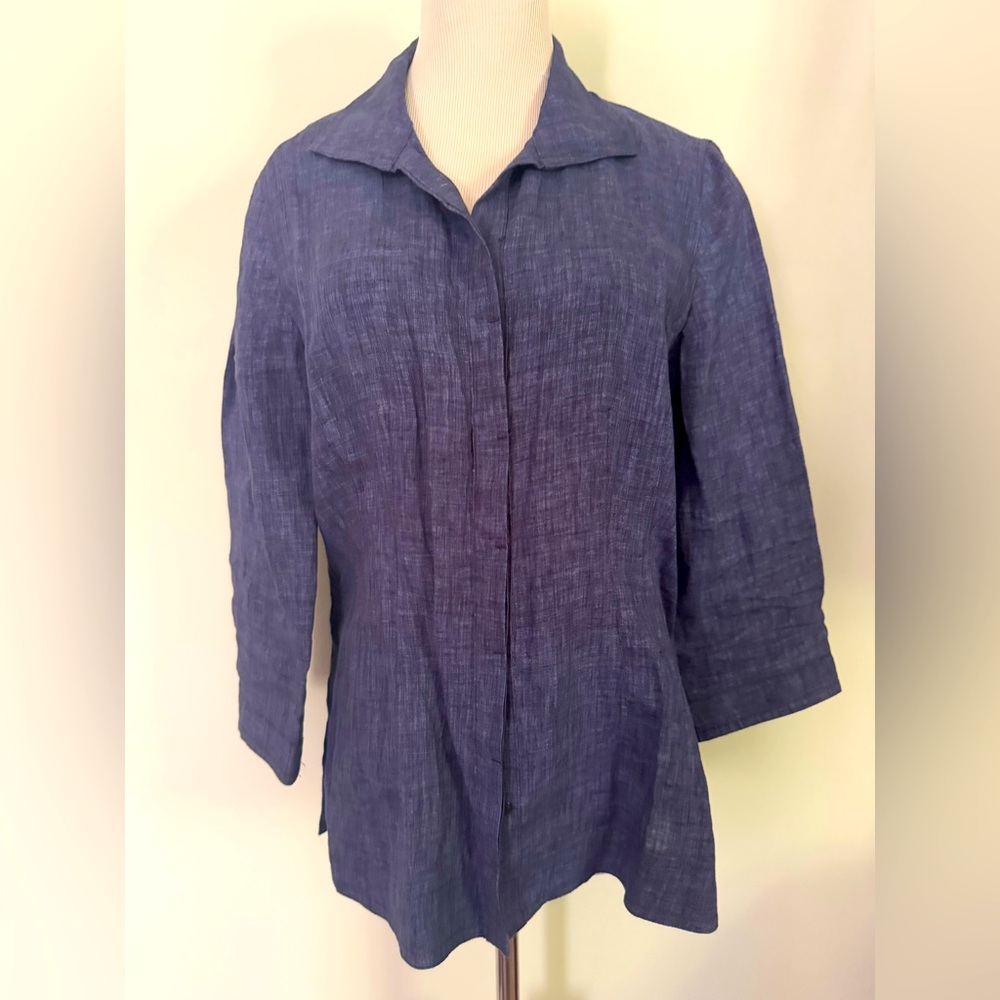🆕 [Per Se] Blue 100% Linen Long Sleeve Blouse Sz: 4